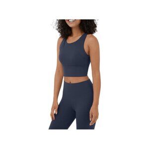 Halara Round Neck Cap Sleeve Cropped Ruched Workout Tank Sz Medium Navy Built in